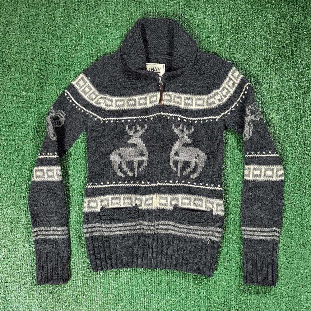 Women’s TNA Deer Cardigan Sweater Size Medium Black Lambswool Full Zip Pockets